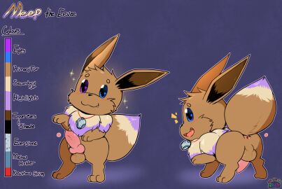 anus balls big_ears blonde_hair blue_eyes brown_body brown_fur character_name eevee everstone feral fluffy fluffy_tail fur generation_1_pokemon genitals hair happy heterochromia hi_res jewelry knot male meep_the_eevee model_sheet necklace nintendo oooeygoooey penis pink_anus pink_penis pokemon pokemon_(species) purple_eyes purple_hair snaggle_tooth solo solo_male tail text