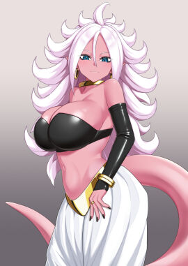 1girls android_21 android_21_(good) black_nails black_tube_top bracelet breasts choker cleavage colored_skin crop_top dragon_ball dragon_ball_fighterz earrings female female_majin gold_bracelet gold_bracelets gold_choker gold_jewelry harem_pants hi_rontea hoop_earring hoop_earrings jewelry large_breasts light_persona majin_android_21 nail_polish pants pink_skin pointy_ears smile solo strapless tail tube_top white_hair white_pants yellow_choker