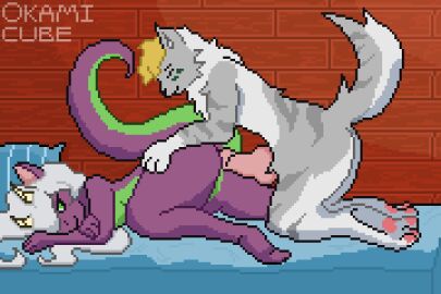 1boy 1girls 3:2 anal anal_penetration anal_sex animated anthro anthro_on_anthro anthro_penetrated anthro_penetrating anthro_penetrating_anthro ass bodily_fluids cum cum_in_ass cum_inside cum_through cumflated_belly cumflation digital_media_(artwork) duo felid feline female female_penetrated from_behind_position genital_fluids grey_body hybrid inflation knot male male/female male_penetrating male_penetrating_female mammal okamicube pixel_(artwork) pixel_animation pixel_art purple_body sex short_playtime surina_(queen_surina)