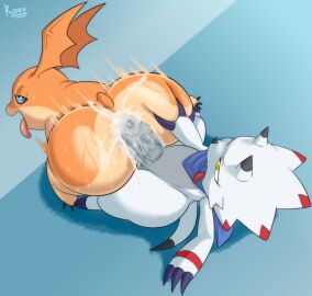 anal anthro ass balls bandai_namco big_butt blue_eyes bodily_fluids butt_grab butt_squeeze cum cum_in_ass cum_inside digimon digimon_(species) duo erection fur gammamon genital_fluids genitals hand_on_butt hi_res kiffy_(artist) looking_pleasured male male/male male_penetrated male_penetrating male_penetrating_male orange_body orange_fur orgasm patamon penetration penis scalie sex squeezing vein veiny_penis white_body yellow_eyes
