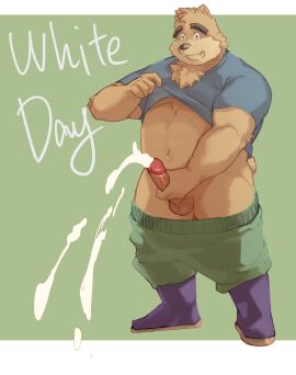 1boy :d animal_ears bara bear_boy bear_ears bear_tail big_belly brown_fur cum erection fang_out full_body furrowed_brow furry furry_male happy highres huge_eyebrows male male_focus male_masturbation masturbation navel oerba_yun_fang original plump projectile_cum ragi_san_(ononokomachiimo) short_hair smile solo standing tail thick_thighs thighs uncensored underpec white_day yaoi