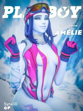 1girls 3/4_view 3d amelie_lacroix arm_tattoo ass backdrop beanie beanie_hat big_ass blue_hair blue_skin blue_skinned_female breasts covered_anus covered_nipples exposed_ass exposed_belly fake_magazine_cover female female_only gloves goggles goggles_on_head hands_up jacket kneeling knees_together looking_at_viewer magazine_cover medium_breasts medium_hair navel open_jacket overwatch overwatch_2 posing revealing_clothes round_ass sideboob sitting_on_feet ski_goggles sling_bikini slingshot_swimsuit smiling_at_viewer smug_expression solo syna thigh_tattoo upper_body widowmaker winter_gloves winter_jacket