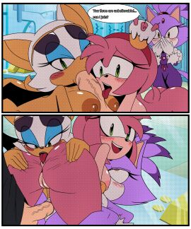 1boy 3girls amy_rose anthro_on_human anti_groove bat bat_girl blaze_the_cat blowjob blush c_m_g_nsfw cat_ears cat_girl cat_tail catgirl comic commission english english_text eyewear_on_head foursome green_eyes hedgehog hedgehog_girl human human_on_anthro licking_ass oc pink_body purple_fur rouge_the_bat sonic_(series) sonic_the_hedgehog_(series) sunglasses the_murder_of_sonic_the_hedgehog vaginal_penetration yellow_eyes