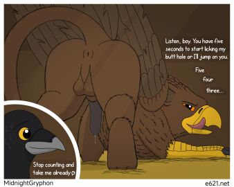 accipitrid accipitriform anal anthro avian bird bodily_fluids corvid corvus_(genus) crow cum duo eagle feathers feral fur genital_fluids genitals gryphon hi_res male male/male midnightgryphon mythological_avian mythological_creature mythology oscine passerine penis stable tail tongue wings