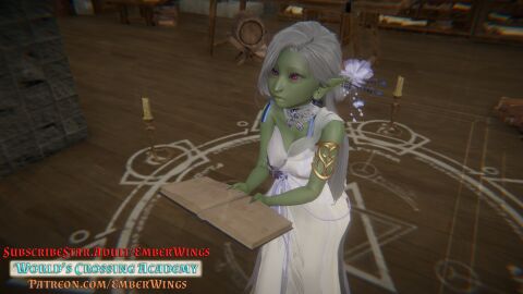 3d ai_shoujo bangle dress elegant female female_only goblin_female hair_ornament magenta_eyes nipple_bulge pink_eyes pointy_ears pokies promotional_art team_emberwings tilai_(wca) wca white_hair worlds_crossing_academy