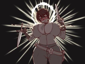 1girls 2020 alain_sibon big_breasts breasts brown_hair cigarette darkest_dungeon female female_only gun highwayman_(darkest_dungeon) knife lactating lactating_through_clothing pistol red_eyes rule_63 short_hair thick_thighs thighs