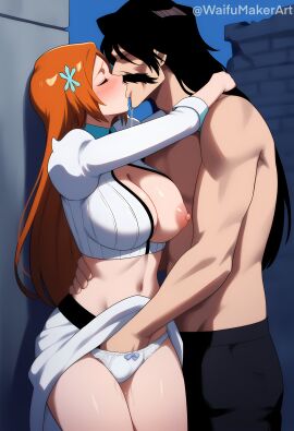 1boy 1boy1girl 1girls ai_generated arms_around_neck bleach bleach:_the_thousand-year_blood_war couple female fingering fingering_pussy hand_in_panties hi_res high_quality high_resolution highres inoue_orihime kissing large_breasts making_out male male/female night nipples pierrot_(company) pink_nipples pussy_juice pussy_juice_drip ruins waifumakerart yhwach