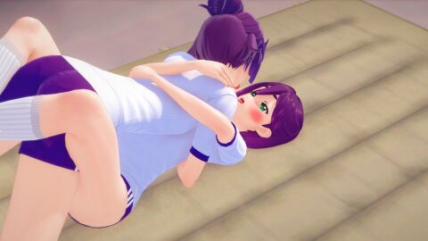 2girls 3d acro_trip arm_support breasts crossover date_chizuko demon-lord_(artist) female female/female female_only haraga_kurumi image kimi_no_koto_ga_dai_dai_dai_dai_daisuki_na_100-nin_no_kanojo koikatsu lesbian_couple lesbian_domination lesbian_focus