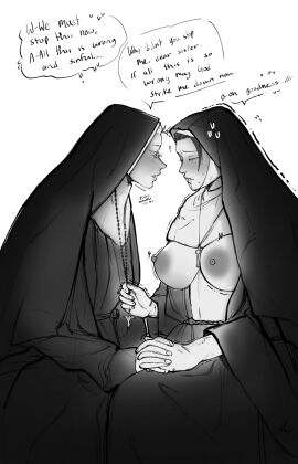 2girls breasts breasts_out cross_necklace female genderswap genderswap_(mtf) habit holding_hands jujutsu_kaisen large_breasts looking_at_viewer monochrome necklace notsafe4marcus nun rosary rule_63 satoru_gojo speech_bubble suguru_geto