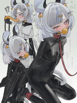 animal_ears armbinder bodysuit collar crying crying_with_eyes_open cuffs dildo_gag female gag gagged grey_hair highres latex latex_bodysuit leash long_hair looking_at_viewer original pink_hair restrained saaal653 saliva shackles skin_tight solo tail tears