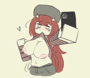 1girls akasamaishere big_breasts blocky_body breasts female hat no_sex partially_clothed phone red_hair roblox robloxian selfie shirt_lift simple_background tagme the tits_out