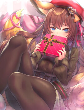 animal_ears bangs beret black_legwear black_pantyhose blue_eyes blush box box_of_chocolates breasts brown_hair caleen_keemosn clothing commission eyebrows_visible_through_hair female fox_ear fox_ears fox_girl fox_tail gift gift_box hair_ornament hair_ribbon hat headwear heart-shaped_box holding holding_gift kawahara_minamo kemonomimi kitsunemimi legwear long_hair long_sleeves looking_at_viewer multi_tail pantyhose pillow ribbon runes sitting skirt solo star_ocean star_ocean_anamnesis sweater tail tails twintails valentine very_long_hair