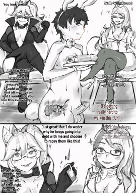 1boy 2girls anal_insertion anal_plug balls bodysuit bunny_ears bunnysuit buttplug comic cum dialogue dildo english_text fate_(series) female femboy femdom feminine_male fox_ears fujimaru_ritsuka_(male) heels koyanskaya_(assassin) koyanskaya_(fate) koyanskaya_(foreigner) male malesub monochrome multiple_pages naked_male peeing penis pi_(artist) prostate prostate_stimulation reverse_bunnysuit servant slave small_penis strangling text