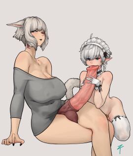 1boy 1futa 2024 alphinaud_leveilleur animal_ears animal_genitalia animal_genitalia_on_humanoid animal_penis archon_mark balls big_breasts bottomless breasts chastity_cage cleavage clothed clothing duo equine_penis erection fellatio femboy final_fantasy final_fantasy_xiv flat_chastity_cage futa_is_bigger futa_on_male futanari golden_chastity_cage horsecock horsecock_futa horsecock_on_humanoid huge_balls huge_breasts huge_cock humanoid intersex kemonomimi kneeling large_breasts light-skinned_futa light-skinned_male light_skin maid male oral partially_clothed penis penis_awe penis_size_difference pointy_ears sex small_penis smaller_male square_enix y'shtola ztyoho
