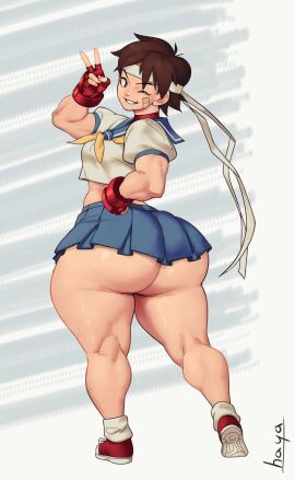 1girls ass bandaid big_ass bottom_heavy bottomless bottomless_skirt brown_eyes brown_hair crop_top female female_only gloves hayabusart huge_ass microskirt miniskirt muscles muscular muscular_female no_panties peace_sign pear-shaped_figure pear_shaped pear_shaped_female sailor_uniform sakura_kasugano school_uniform skirt solo solo_focus street_fighter thick_ass thick_thighs wink