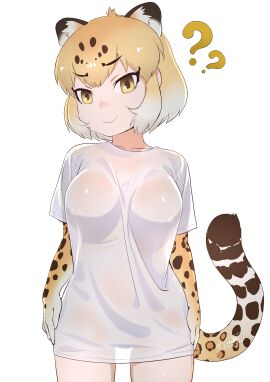1girls >:) ? ?? animal_ear_fluff animal_ears animal_print arm_at_side arms_at_sides bangs blonde_hair blush bottomless breasts brown_hair clavicle closed_mouth clothing colored_inner_hair covered_erect_nipples cowboy_shot elbow_gloves erect_nipples erect_nipples_under_clothes eyebrows female female_only female_pubic_hair gloves gradient_hair grey_hair hand_on_hip high_resolution jaguar_(kemono_friends) jaguar_ears jaguar_girl jaguar_print jaguar_tail kemono_friends large_breasts looking_at_viewer masuyama_ryou medium_breasts medium_hair multi_ear multicolored_hair naked_shirt nipples no_bra parted_bangs print_gloves pubic_hair see-through see-through_shirt see-through_silhouette shirt short_hair short_sleeves simple_background smile solo t-shirt tail v-shaped_eyebrows very_high_resolution wet wet_clothes wet_shirt white_background white_hair white_shirt yellow_eyes