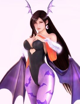 3d bat_wings breasts bridal_gauntlets brown_hair capcom cleavage cosplay covered_navel crossover darkstalkers demon earrings female final_fantasy final_fantasy_vii large_breasts leotard long_hair morrigan_aensland morrigan_aensland_(cosplay) pantyhose raidenwgt red_eys skimpy_clothes square_enix succubus tagme tifa_lockhart very_long_hair wings