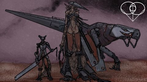 anthro armor claws cleaver_(weapon) fantasy fantasy_weapon female feral genitals group group_nudity gummi_art headgear helmet hi_res larger_female living_machine looking_at_viewer machine male markings melee_weapon navel prosthetic prosthetic_limb pussy size_difference smoke snow standing sword tail toe_claws trio weapon