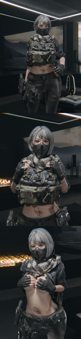 1girls 2025 3d belt big_breasts breasts clothed clothed_female collage covering_breasts covering_nipples crop_top delta_force face_mask female female_only fingerless_gloves gas_mask gloves gs_ragnarokkr hackclaw_(delta_force) holster image_set mai_xiaowen navel navel_tattoo pants same_girl scarf shirt_lift solo tactical_gear tattoo thigh_strap throwing_knife tight_pants