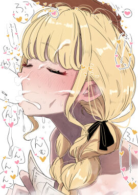 1boy banknote blank_censor blonde_hair blush braid censored closed_eyes commentary_request cum cum_in_mouth cum_overflow ear_blush ejaculation fellatio female fujita_kotone gakuen_idolmaster hair_ribbon hand_on_another's_head heart highres idolmaster male money oral out_of_frame ribbon solo_focus speech_bubble straight sweat t_method terminalmethod translation_request twin_braids upper_body