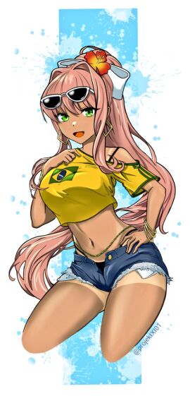 1girls brazil brazilian brazilian_female brazilian_miku brazilian_monika doki_doki_literature_club female female_only glasses green_eyes long_hair monika_(doki_doki_literature_club) navel projektxi01 shorts tanline white_bow