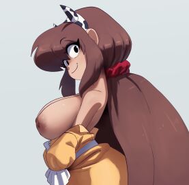 areolae bare_shoulders breasts brown_hair coolerinker female headband huge_breasts inker_comics inkershike long_hair mona_(inker_comics) nipples original original_character undressing yellow_dress
