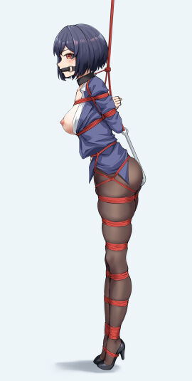 absurdres anal_hook bit_gag bondage bound breasts breasts_out female female_only femsub from_side gag gagged highres looking_at_viewer no_shoes original pantyhose red_eyes restrained rope shibari_over_clothes short_hair soles t_zhonglang