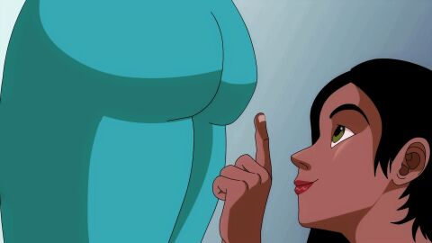 2girls animated animated_gif ass ass_out_of_frame ass_peek assisted_exposure biting_own_lip black_hair bouncing_ass dark-skinned_female dark_skin female gradient_background green_eyes jiggle looking_at_ass looking_up original out-of-frame_censoring short_hair simple_background smile tara_sendai