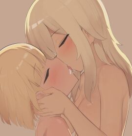 2girls absurdres blonde_hair blush breasts closed_eyes commentary cum_swap female french_kiss higa_kana higa_suzu highres kissing large_breasts long_hair multiple_females multiple_girls okinawa_de_suki_ni_natta_ko_ga_hougen_sugite_tsurasugiru recklessdraw short_hair siblings sisters snowballing tan yuri