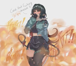 black_hair breasts cropped_jacket english_text enjoying_farting fart fart_everywhere fart_fetish farting female green_eyes holding_nose jane_doe_(zenless_zone_zero) melonarts2_(artist) rat_ears small_breasts smile tail thick_thighs wide_hips zenless_zone_zero