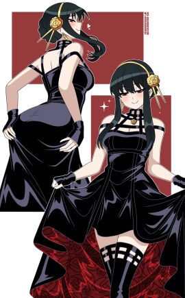 1girls 1milf 2024 2d 2d_(artwork) absurdres artist_name ass assassin back black_dress black_footwear black_gloves black_hair boots breasts cleavage clothed clothed_female dress earrings female female_only fingerless_gloves floral_print fully_clothed gloves gold_hairband hairband highres jewelry lifting_own_clothes light-skinned_female light_skin looking_back medium_breasts milf nicolasgravelqc questionable red_eyes rose_print sfw sidelocks smile solo solo_female solo_focus spy_x_family thighhighs thorn_princess yor_briar yor_forger