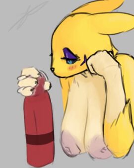 1boy 1girls 4:5 4_fingers animated big_breasts black_nails blue_eyes breasts digimon edde female furry glans_stimulation glansjob handjob imminent_orgasm inverted_nipples male monster_cock partial_male precum renamon straight vertical_video yellow_fur