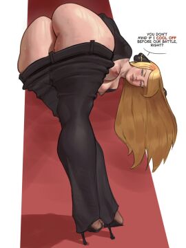 1girls areolae ass ass_focus ass_up back_view bare_ass bare_breasts behind_view bent_over big_ass big_butt black_clothing blonde blonde-haired_female blonde_female blonde_hair bottom_heavy breasts breasts_out bubble_ass bubble_butt cynthia_(pokemon) dark_clothing dialogue fat_ass female female_only hair_ornament heels high_heel_sandals high_heels huge_ass large_ass leaning leaning_forward light-skinned_female light_skin long_hair looking_at_viewer looking_back medium_breasts nipples no_panties no_underwear pants pants_down pokemon presenting presenting_ass presenting_hindquarters realistic_proportions shirt shoes solo sweat sweatdrop sweaty_ass sweaty_body talking_to_viewer text thatmfdiego thick thick_ass thick_thighs tits tits_out wide_hips