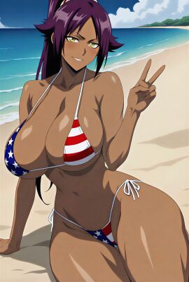 1girls 4k 4k_resolution 8k ai_generated american_flag_bikini beach beachside bikini bleach blush breasts dark_skin dark_skinned day daytime female female_focus hair_tie high_resolution highres hires hourglass_figure large_breasts long_hair narrow_waist ocean outdoors outside peace_sign pony_tail purple_hair shihouin_yoruichi sitting smile smiling solo solo_female underboob upscaled water wide_hips yellow_eyes yoruichi_shihouin