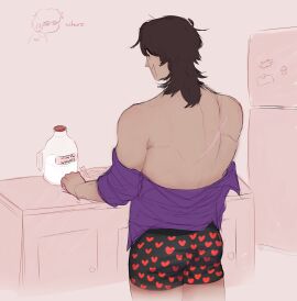 1boy ass breakfast brown_hair cereal dumeefany five_nights_at_freddy's fridge hair heart_underwear human light-skinned_male light_skin long_hair male male_only michael_afton milk open_shirt pissgag purple_shirt scar shirt solo solo_male underwear