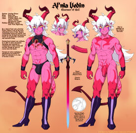 abs anthro athletic athletic_anthro athletic_male bulge clothing demon erection flaccid foreskin genitals gold_(metal) gold_jewelry greatsword hair hi_res high_boots horn jewelry lapinbeau long_hair male model_sheet nails naughtyjester penis pointy_ears red_body red_eyes red_skin retracted_foreskin sharp_nails solo spade_tail tail uncircumcised underwear white_hair yellow_sclera