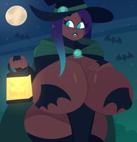 2010s 2019 alternate_species bat_pasties bats black_hair boob_window breasts cloak female green_eyes green_hair halloween halloween_costume hands_on_breasts holding_lantern lantern leotard lipstick looking_to_the_side marina_(splatoon) massive_breasts night_background pasties splatoon splatoon_(series) splatoon_2 starry_sky thesketchyside thick_thighs thighhighs two-tone_hair two-tone_lips wide_hips witch witch_costume witch_hat