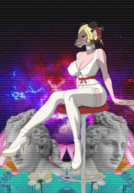 animal_head blonde_hair breasts catherine catherine_(catherine) catherine_(catherine)_(cosplay) catherine_(game) choker cleavage cosplay crimson_acid_(paradise_killer) drill_hair erect_nipples female goat_girl goat_horns high_heels horns nipples paradise_killer red_eyes thighhighs twilight_jester twin_drills wig