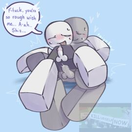 2boys 2d 2d_(artwork) 2d_artwork anal artist_name blocky_body blush cum cum_inside cumming dialogue dummy_(roblox) english_dialogue english_text gay grey_skin legs_spread male male/male motion_lines non-human penetration penis roblox roblox_avatar robloxian self_upload sex sitting_on_person speech_bubble sweat sweating taiyobud text toony yaoi