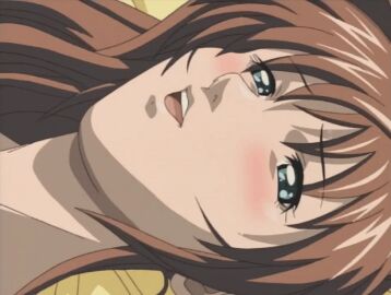 00s 1girls 2003 animated bible_black blush brown_hair female green_eyes hair_ornament imari_kurumi lowres open_mouth ponytail side_ponytail smile tagme