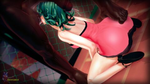 1boy 1girls 3d ass balls big_ass blackflames3 bottom_heavy dark-skinned_male dark_skin female green_eyes green_hair huge_ass interracial licking_balls light-skinned_female light_skin male maledom one-punch_man penis petite petite_female tatsumaki