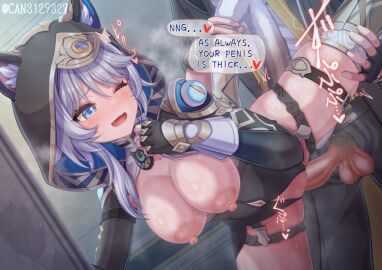 1boy animal_ears black_jacket blue_eyes breasts caelus_(honkai:_star_rail) can_(canzume) cat_ears cat_girl cat_tail cipher_(honkai:_star_rail) english_text female grey_hair honkai:_star_rail honkai_(series) hood hoodie jacket large_breasts large_variant_set one_eye_closed open_clothes open_jacket open_mouth penis pubic_hair shirt speech_bubble tail trailblazer_(honkai:_star_rail) twitter_username vaginal_penetration variant_set white_shirt