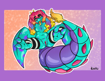 2024 anthro belly big_tail blue_body bodily_fluids breasts clothing cteno ctenophorae cupping_breast digital_media_(artwork) eyebrows eyewear feet female genitals glasses glasses_on_face hair hi_res koeru legs_up legwear looking_at_viewer lying mandibles monster monster_girl_(genre) multi_arm multi_limb navel nude on_back pattern_clothing pattern_legwear pussy red_eyes saliva saliva_on_tongue simple_background small_breasts soles solo spread_legs spreading striped_clothing striped_legwear stripes tail teal_body thick_eyebrows thick_tail thigh_highs toes tongue tongue_out unusual_anatomy unusual_feet yellow_sclera