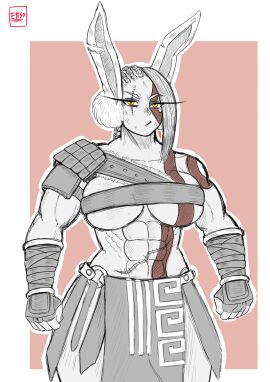 1girls abs artist_signature bangs barely_contained boku_no_hero_academia breasts bunny_ears bunny_girl cornrows cosplay ettso female god_of_war kratos_(cosplay) long_eyelashes miruko muscular muscular_female my_hero_academia rumi_usagiyama scar yellow_eyes