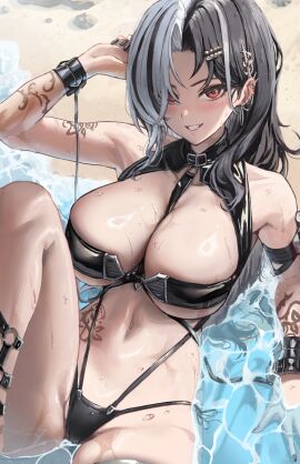 amber_eyes athenawyrm beach belly_button bikini black_hair blush breasts cleavage ear_piercing female goddess_of_victory:_nikke hi_res high_resolution highres huge_breasts large_breasts light-skinned_female light_skin ocean piercing pussy rosanna_(chic_ocean)_(nikke) rosanna_(nikke) sand shaved_crotch shaved_pussy sitting smile smiling swimsuit tattoo tattooed_arm tattoos underboob wet wet_body white_hair