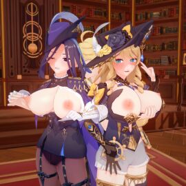 1boy 2girls 3d aether_(genshin_impact) breast_grab breasts clorinde_(genshin_impact) female genshin_impact horny_female kankantor koikatsu male mihoyo navia_(genshin_impact) pleasure_face taller_female threesome