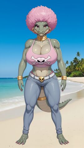 afro ai ai_generated beach beach_background big_breasts breasts character_design cleavage crocodile crocodilian donkey_kong_(series) female furry gold gold_jewelry high_quality jeans jewelry kalypso kremling muscular muscular_female nintendo pink_hair repost reptile smile standing tank_top thick_thighs wide_hips