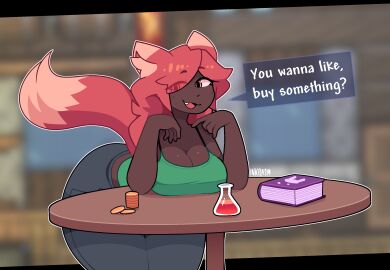 2020 big_breasts book breasts cleavage clothed dialogue eye_visible_through_hair fangs female fox_ears fox_girl fox_tail gold huge_ass huge_breasts huge_thighs inkplasm jeans looking_at_viewer no_bra not_porn oerba_yun_fang potion re-logic revealing_clothes shop solo solo_female table talking_to_viewer terraria thick_thighs watermark welwraith zoologist_(terraria)