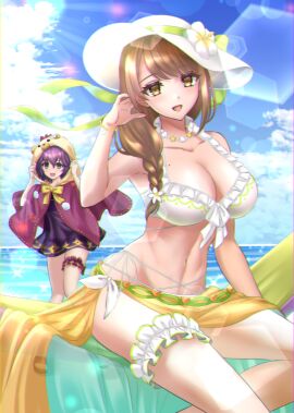 2girls :d alternate_costume animal_hood bare_shoulders bear_hood bernadetta_von_varley bernadetta_von_varley_(summer) bikini blue_sky bow braid braided_ponytail breasts bridal_garter brown_eyes brown_hair cleavage cloak cloud day dress female female_only fire_emblem fire_emblem:_three_houses fire_emblem_engage fire_emblem_heroes goldmary_(fire_emblem) hat highres hood hooded_cloak kakiko210 large_breasts long_hair looking_at_viewer mole mole_on_breast multiple_females multiple_girls navel nintendo ocean official_alternate_costume open_mouth outdoors purple_bikini purple_cloak purple_dress purple_hair purple_swimsuit sarong see-through short_dress side_ponytail sitting sky smile stomach swimsuit thighs white_bikini white_hat white_swimsuit yellow_bow