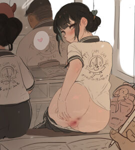 2girls anus ass ass_focus back_view backsack balls ballsack black_hair blue_eyes blush censored classroom exhibitionism exhibitionist female female_focus from_behind heart kraccun looking_at_viewer male naughty_smile original original_character panties panties_down pants_down pov presenting presenting_hindquarters public pussy school sitting smile spread_pussy stealth tease teasing teasing_viewer thought_bubble